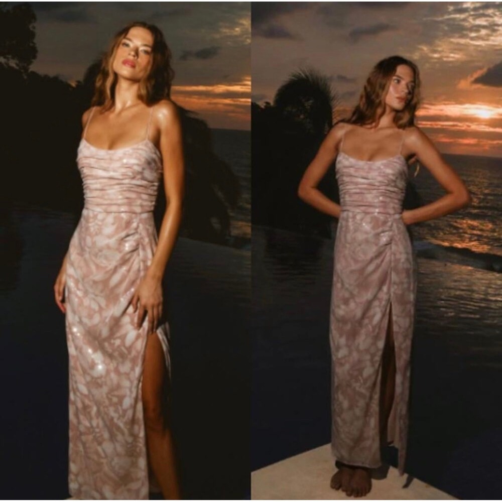 NWT Hutch Luxe Shibori Floral Gown Nude Sand Sequin Ruched Maxi Dress Size 2